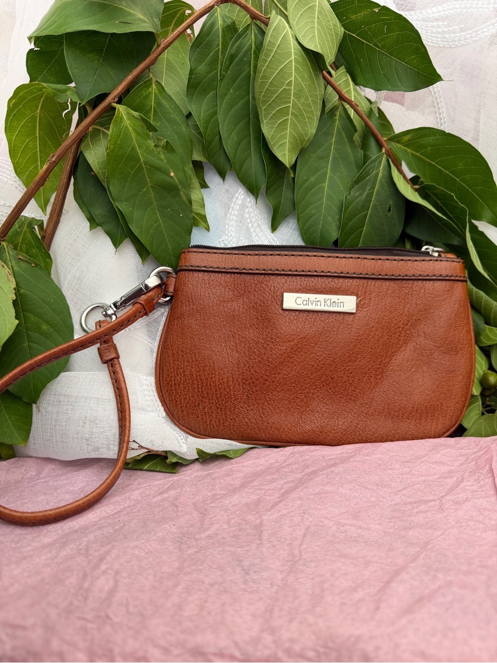 Calvin Klein Tan Pebbled Leather Wristlet Clutch